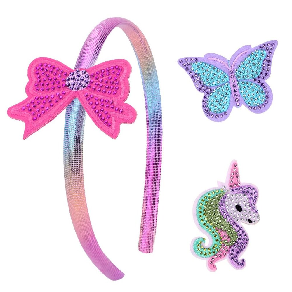 Girls Sparkly Unicorn Butterfly Bow Headband Interchangeable Clips Set